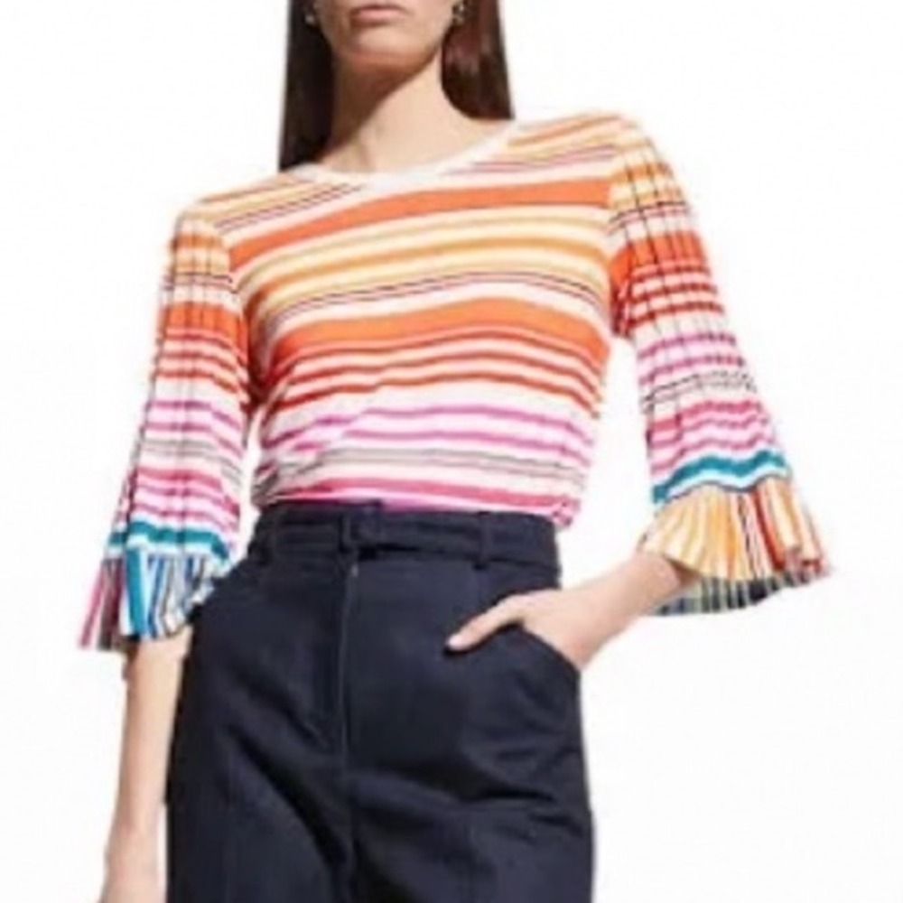 Kobi Halperin Womens Rainbow Striped Ruffle Bell Sleeve Top Multicolor Large‎